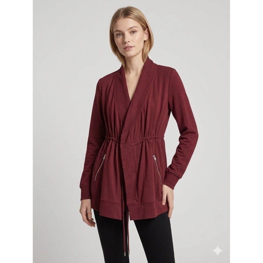 AllSaints Gina Drape Jacket Burgundy Oxblood Drawstring Waist Zip Pockets